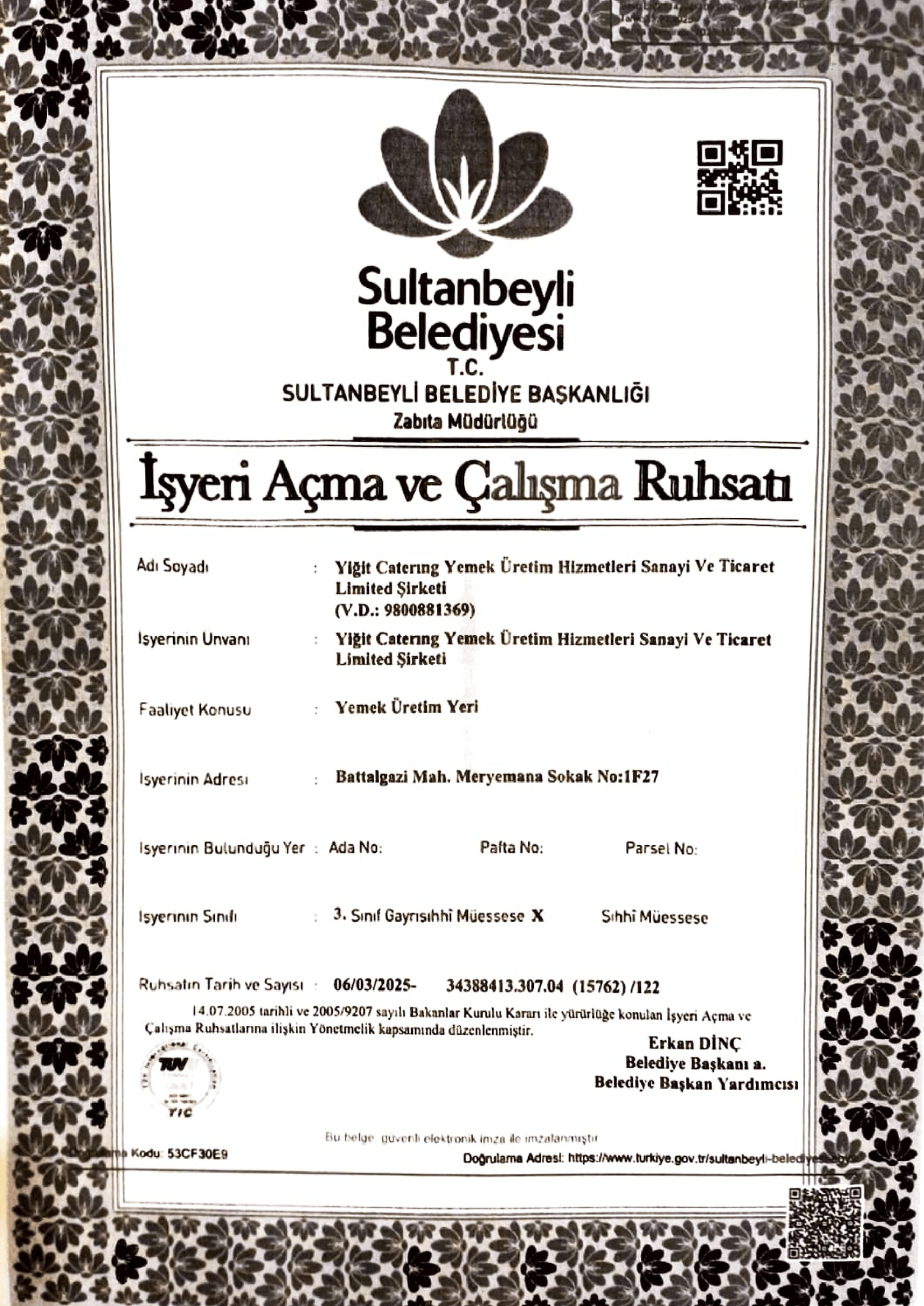 İşyeri Açma ve Çalışma Ruhsatı