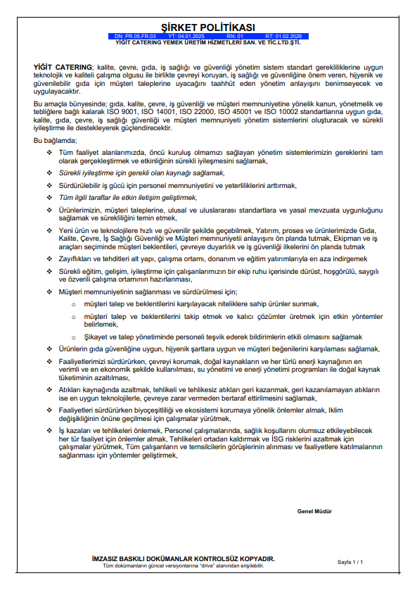 ŞİRKET POLİTİKASI